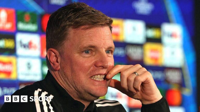 Newcastle United head coach Eddie Howe speaks at his news conference at St James' Park on 9 March, 2026