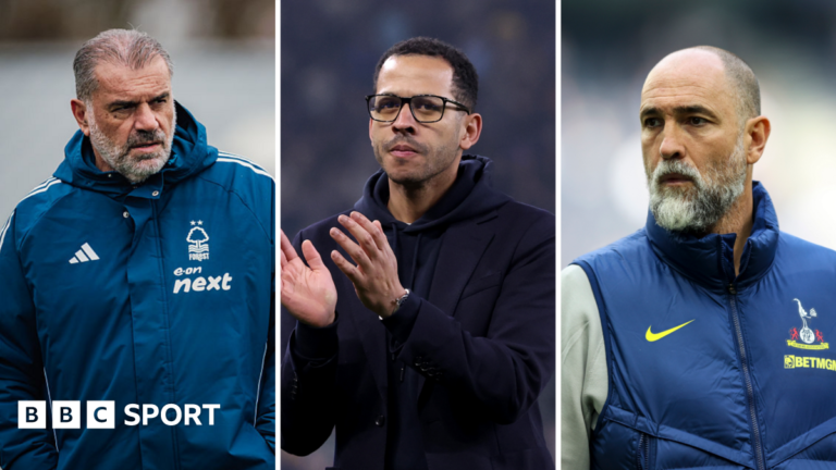 A split picture of Ange Postecoglou, Liam Rosenior and Igor Tudor
