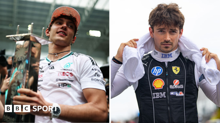 A split image of Kimi Antonelli and Charles Leclerc