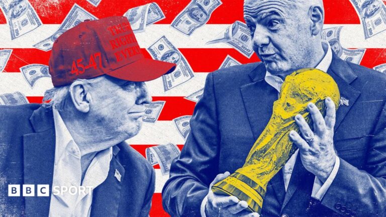 World Cup 2026: The key issues set to dominate Fifa’s summer showpiece Stylised image of Donald Trump looking at Gianni Infantino holding the World Cup with dollar bills behind their heads