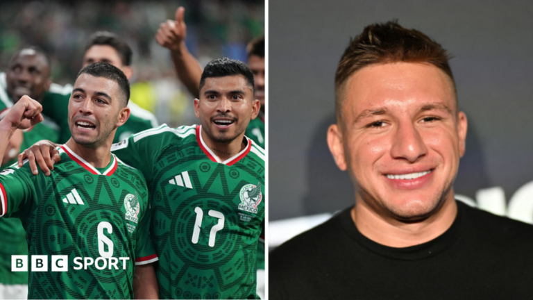 Split image of Mexico players celebrating after their World Cup win over Ecuador, plus Stephen Deleonardis at the 2024 PrizePicks World Championship