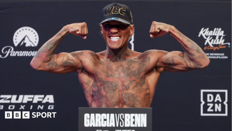 Ryan Garcia and Conor Benn are side-by-side and both shirtless as they flex their muscles