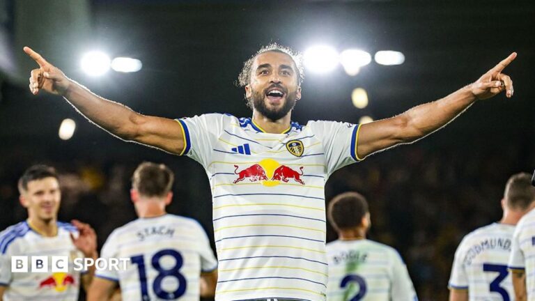 Dominic Calvert-Lewin celebrates after scoring for Leeds United against Newcastle United